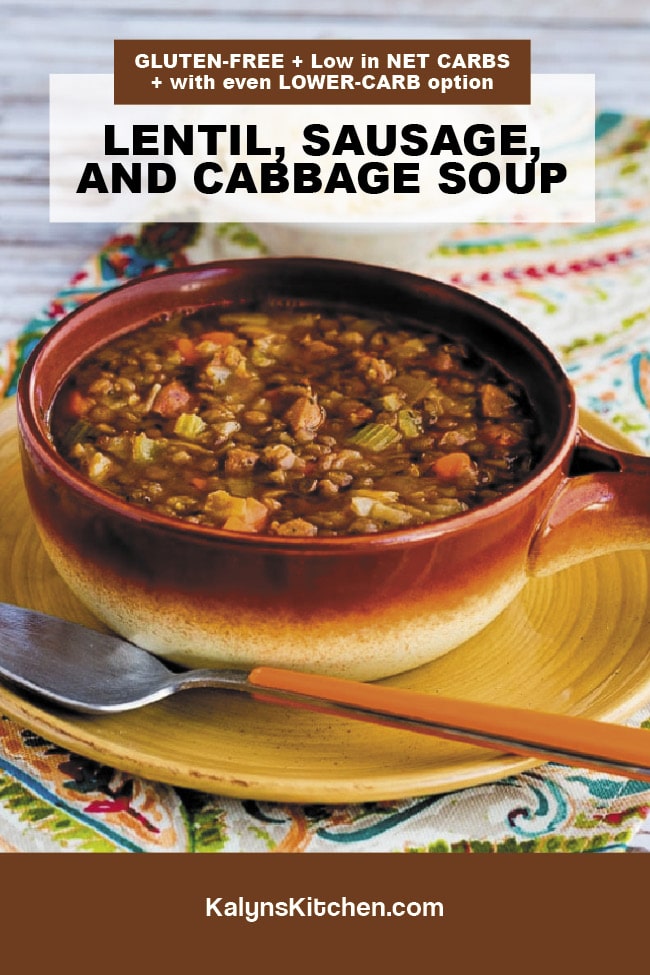 Pinterest image of Lentil, Sausage, and Cabbage Soup