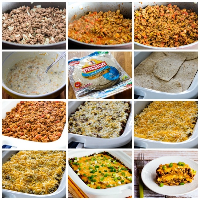 Slow Cooker (or oven) Low-Carb Mexican Lasagna Casserole process shots collage