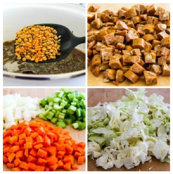 Lentil, Sausage, and Cabbage Soup process shots first collage