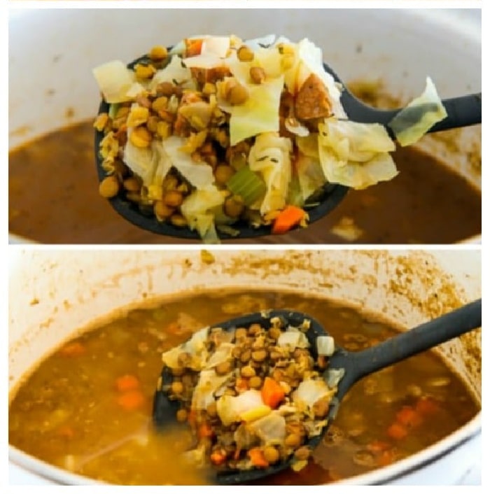 Lentil, Sausage, and Cabbage Soup process shot collage 2