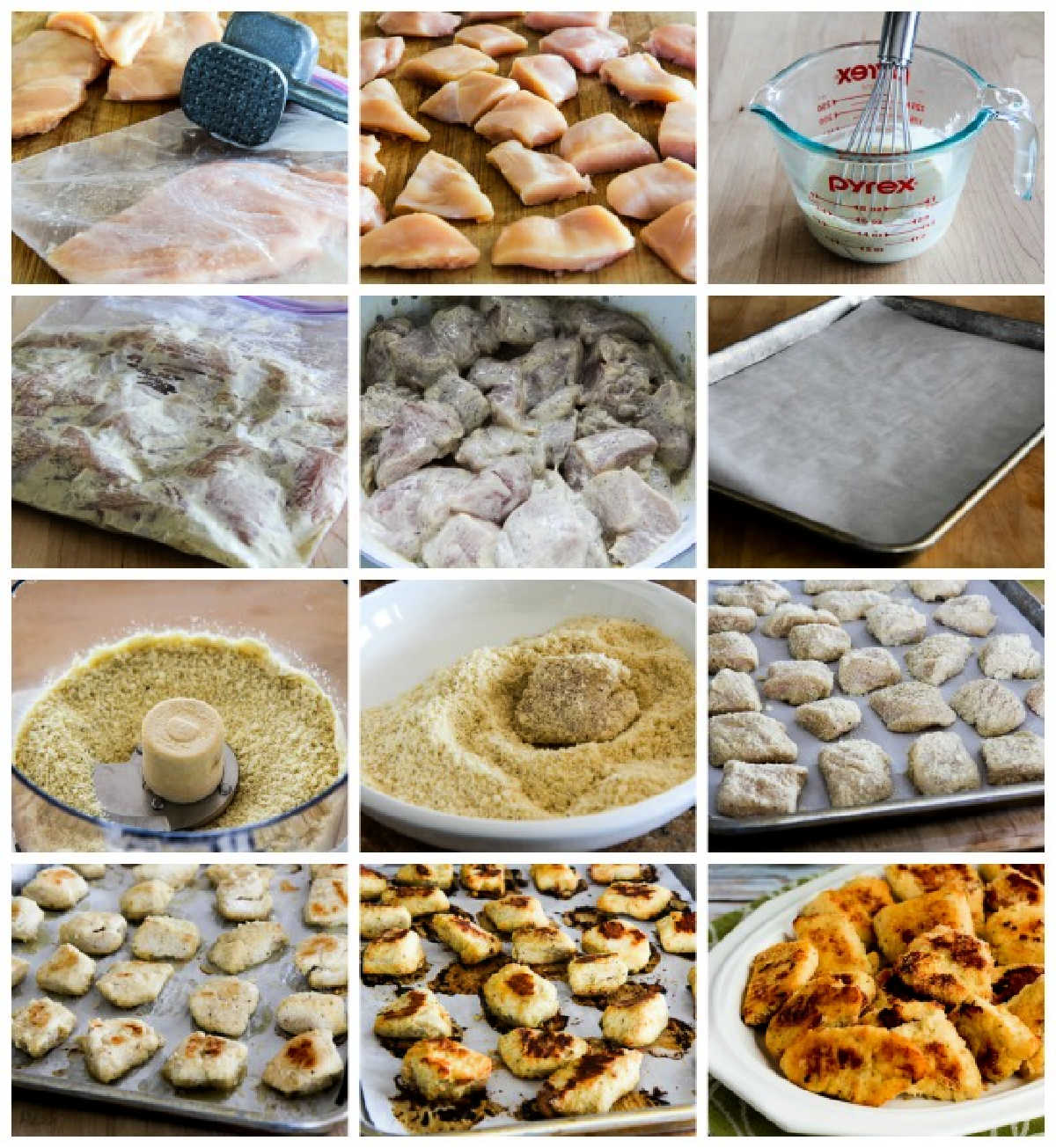 collage showing steps for making baked chicken nuggets