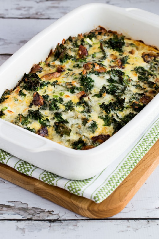 Sausage, Kale, and Mozzarella Egg Bake shown in baking dish