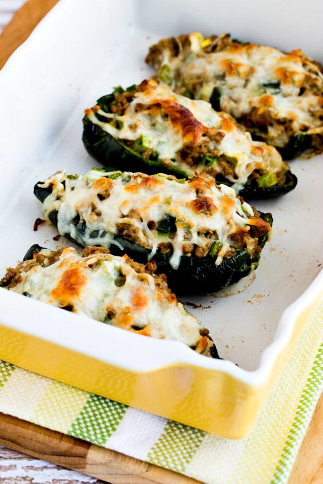 Cheesy Stuffed Poblanos with Ground Turkey found on KalynsKitchen.com