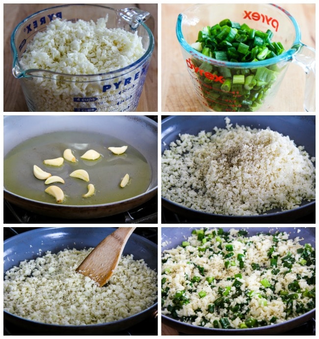 The Best Easy Cauliflower Rice with Garlic and Green Onion process shots collage
