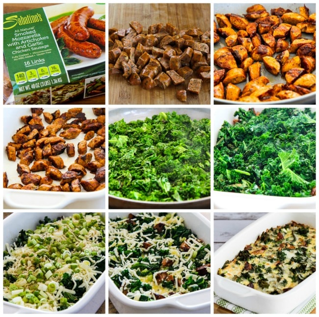 Photo collage of sausage, kale and mozzarella egg cooking process