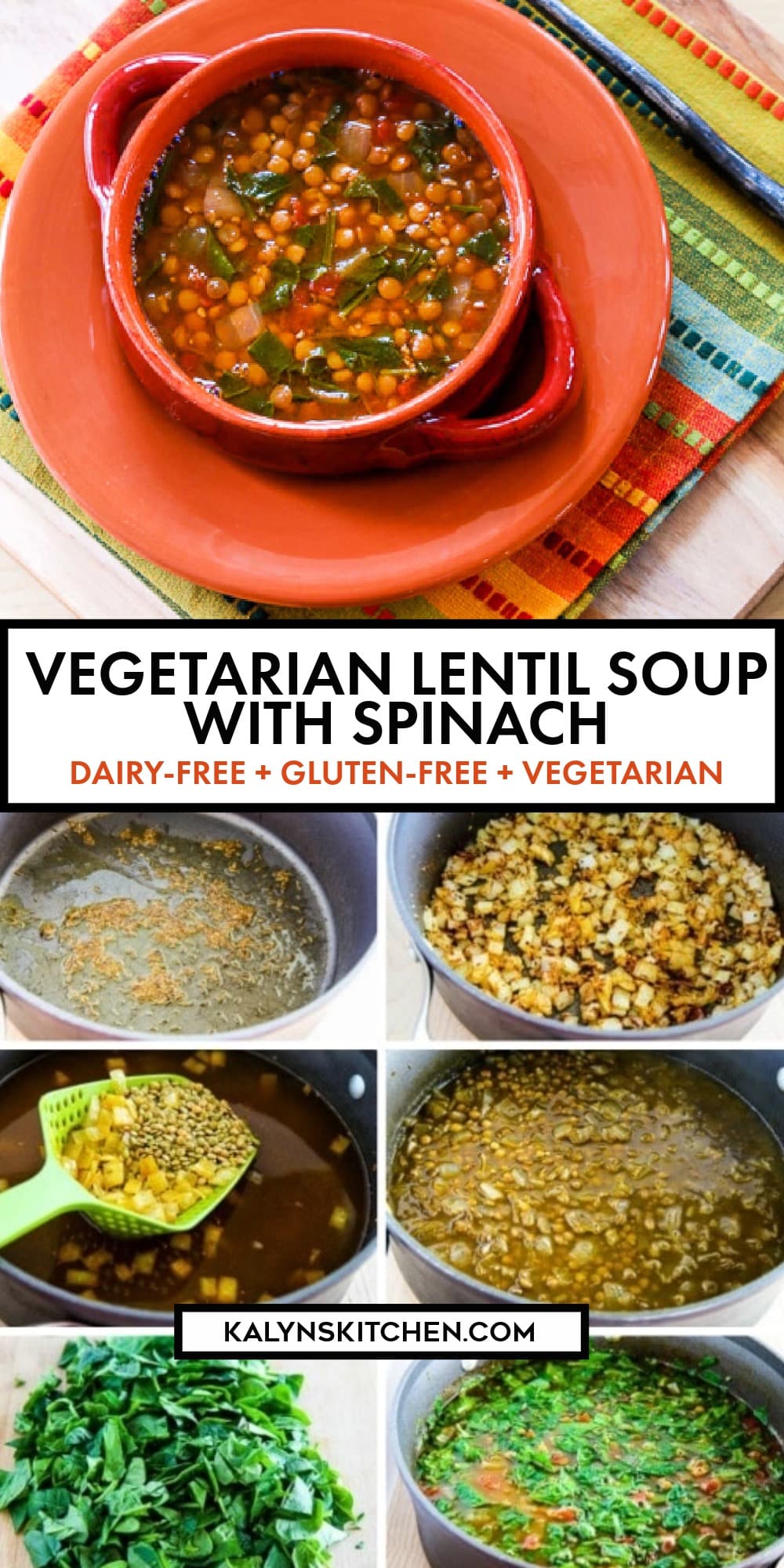 Pinterest image of Vegetarian Lentil Soup with Spinach