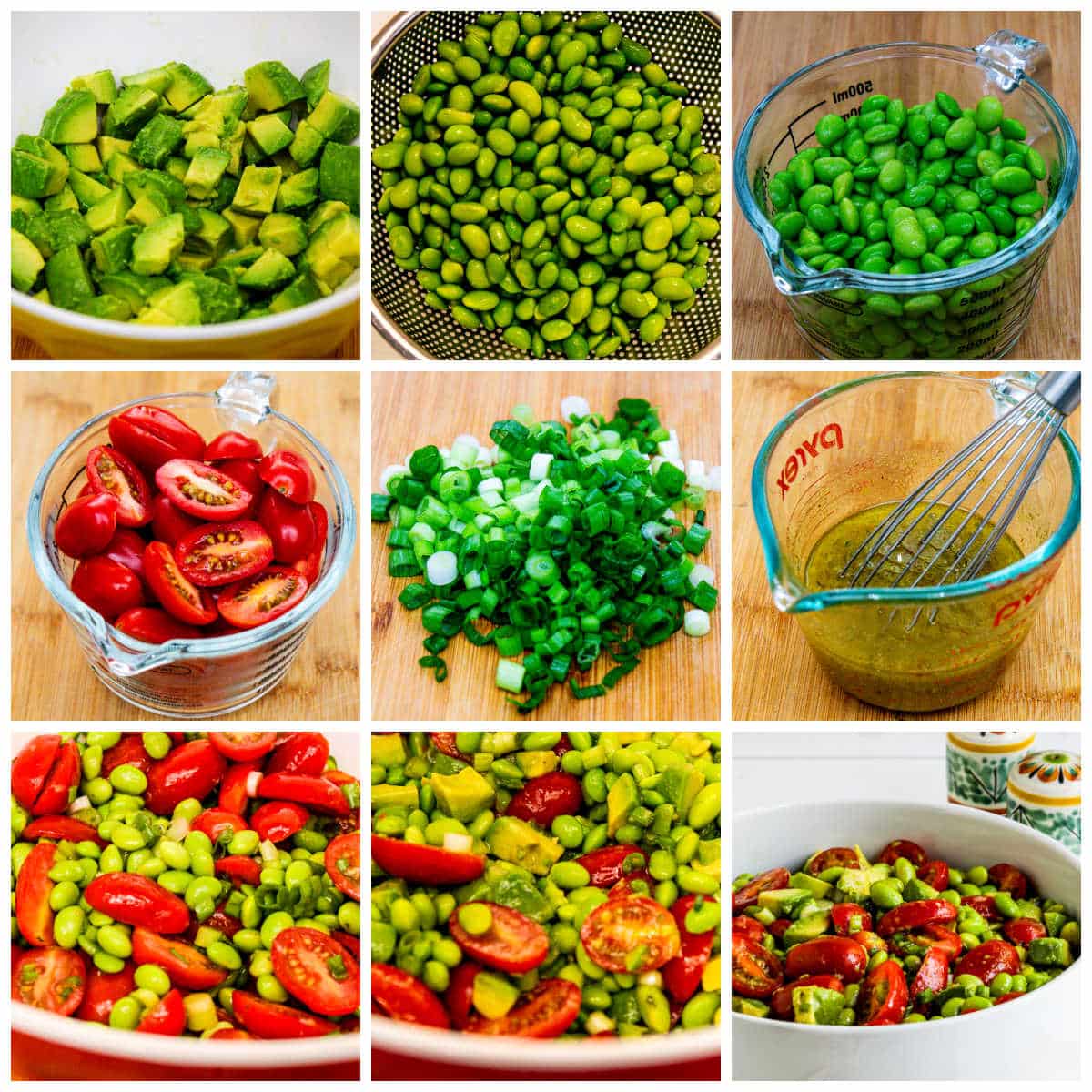 Hands-on collage of tomato and avocado salad with edamame.