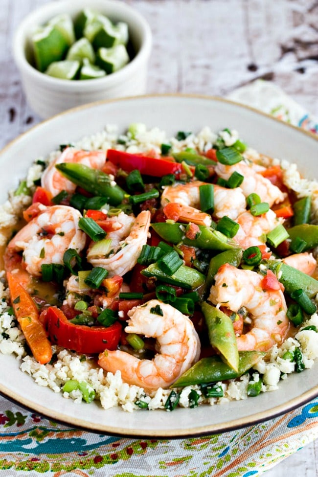 Coconut Milk Shrimp over Cauliflower Rice finished dish in serving bowl