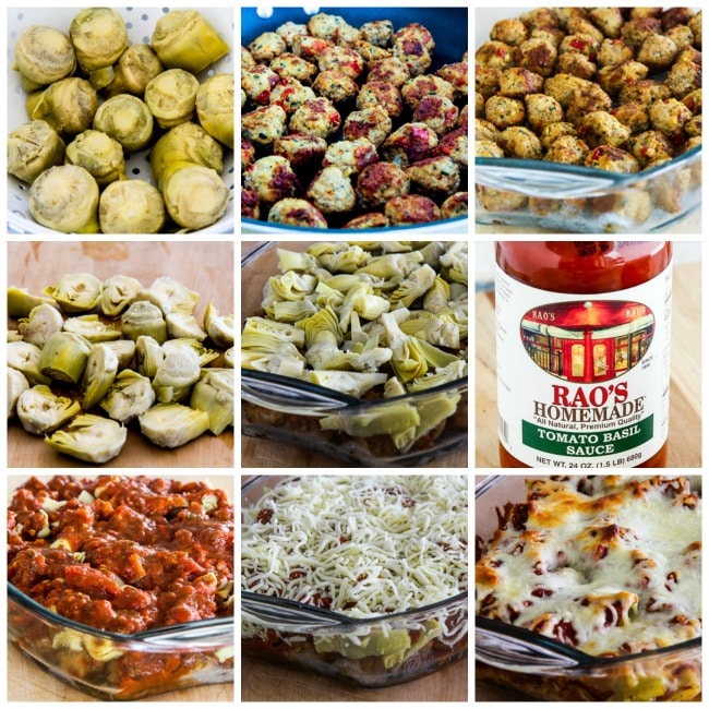 Easy Cheesy Low-Carb Meatball Artichoke Casserole process shots collage