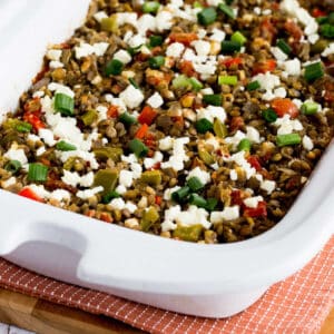 cooked lentils in casserole crock slow cooker
