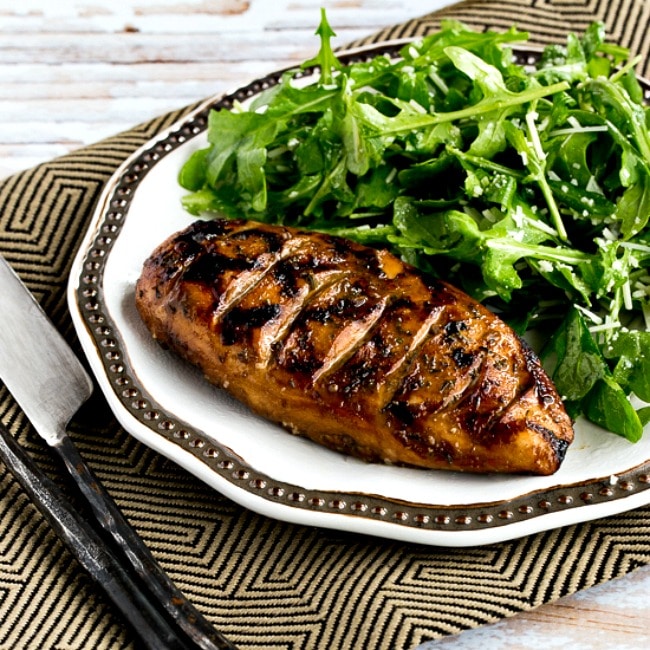 Grilled Chicken with Balsamic Vinegar square thumbnail image of chicken on plate with arugula salad