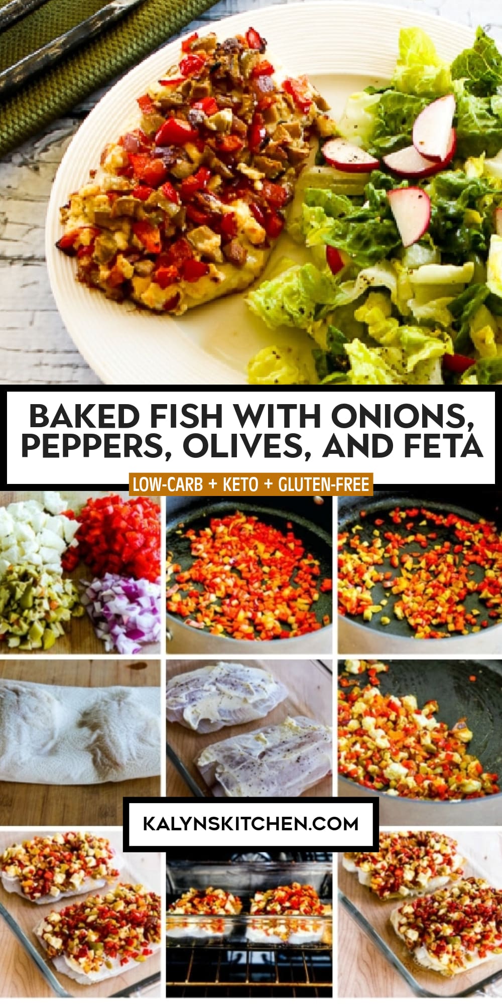 Pinterest image of Baked Fish with Onions, Peppers, Olives, and Feta