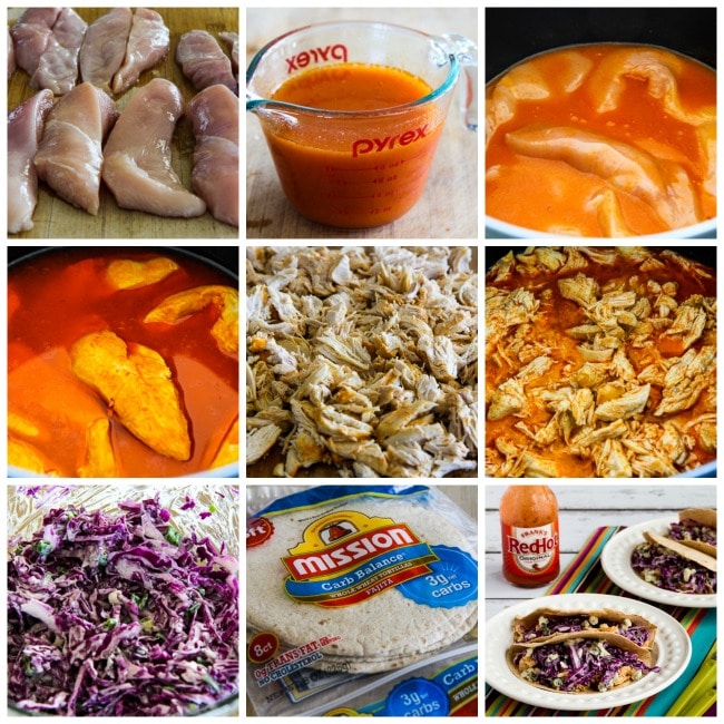Low-Carb Buffalo Chicken Tacos with Blue Cheese Coleslaw process shots collage