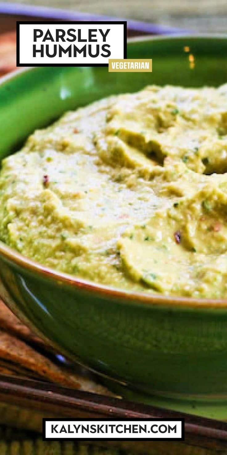 Pinterest image for Parsley Hummus shown in serving bowl.