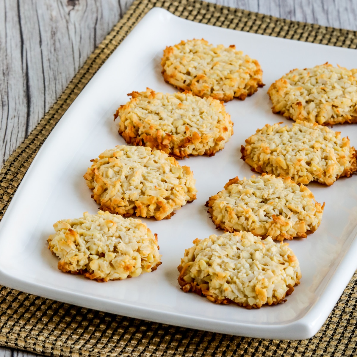 Sugar-Free Coconut Macaroons shown with eight cookies on serving platter.