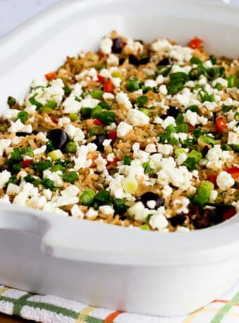 Square image of Greek Slow Cooker Rice in Casserole Crock Pot.