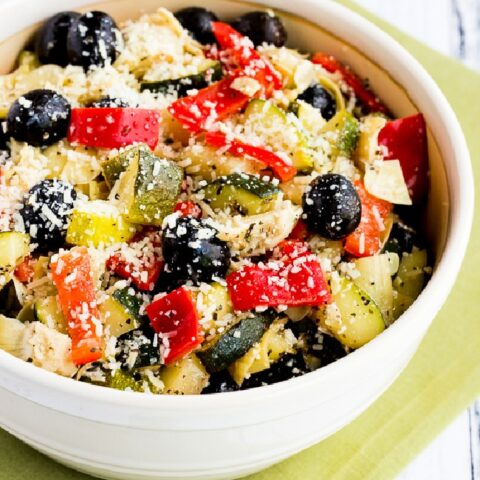 close-up shot of Marinated Zucchini Salad in serving bowl