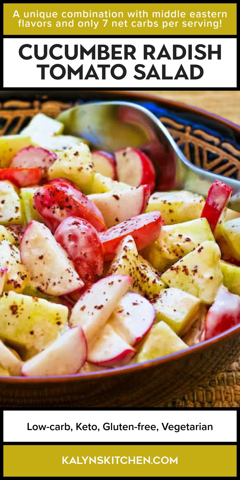 Pinterest image of Cucumber Radish Tomato Salad