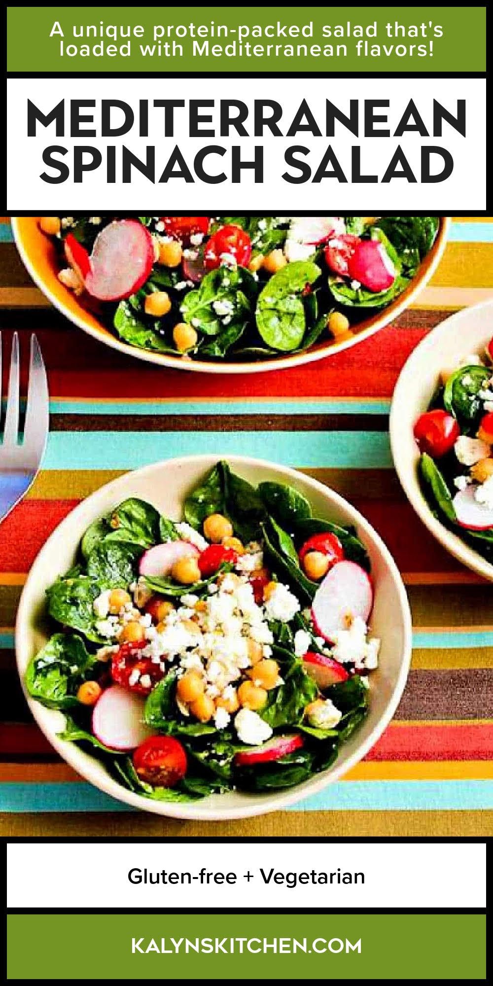 Pinterest image for Mediterranean Spinach Salad shown in serving bowl with two side dishes of salad.