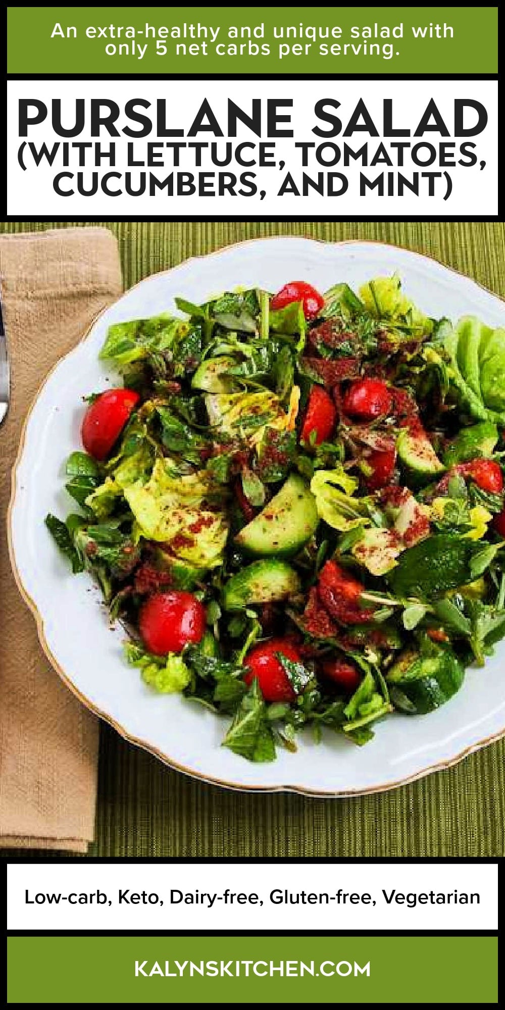Pinterest image of Purslane Salad (with Lettuce, Tomatoes, Cucumbers, and Mint)
