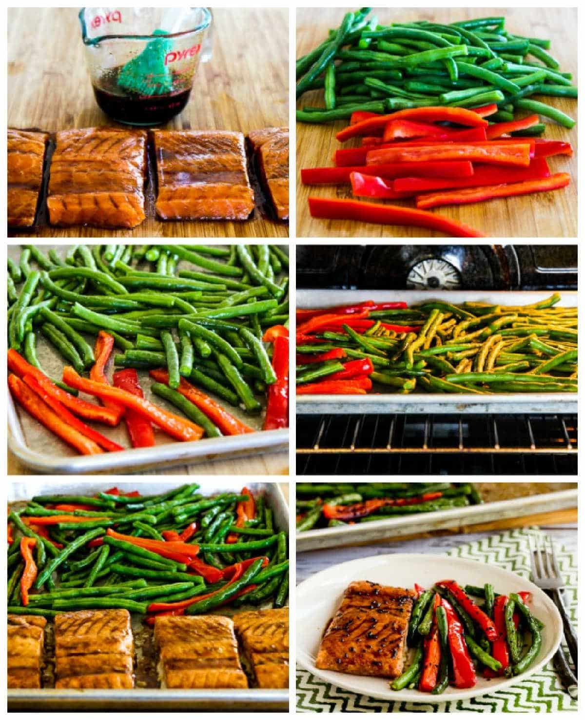 recipe steps collage for Asian Salmon and Green Beans Sheet Pan Meal
