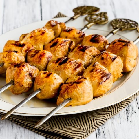 thumbnail image of grilled chicken kabobs with asian marinade finished kabobs on serving plate