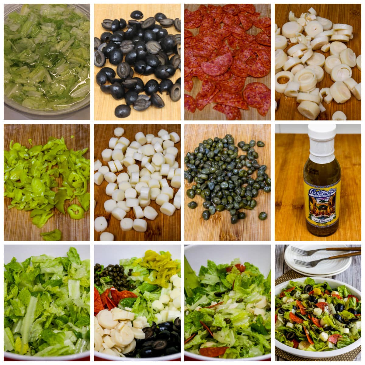 Chopped Antipasto Salad Collage showing recipe steps and suggested ingredients.