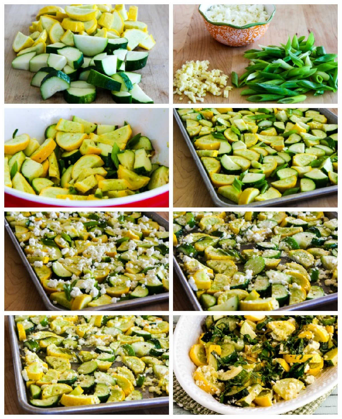 recipe steps collage for Roasted Summer Squash with Feta and Basil