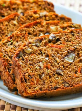 Low-Sugar Harvest Cake shown with slices of cake on plate.