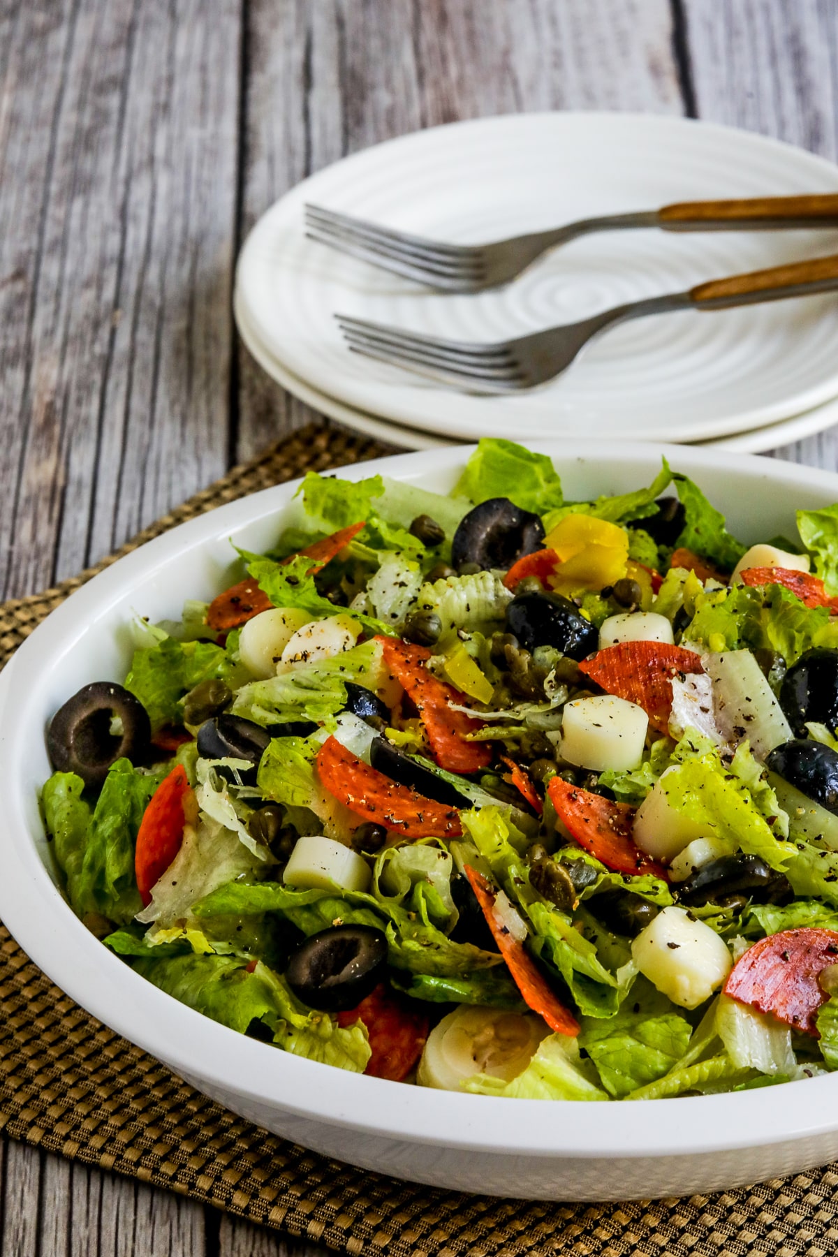 Chopped Antipasto Salad shown in serving bowl.