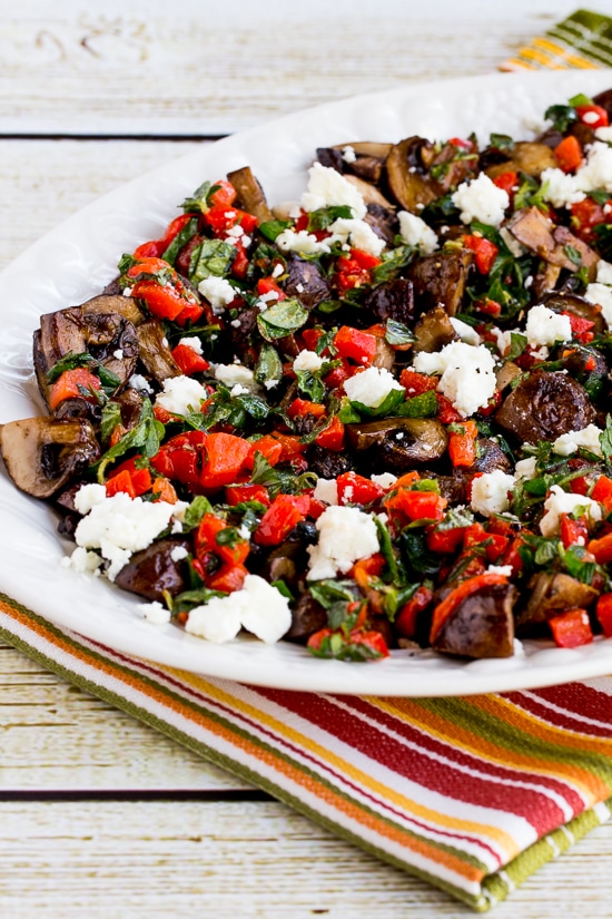 Greek Style Roasted Mushrooms with Red Pepper, Herbs, and Feta found on KalynsKitchen.com