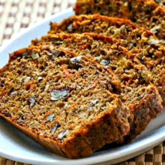 Low-Sugar and Whole Wheat Garden Harvest Cake with Zucchini, Apple, and Carrot found on KalynsKitchen.com