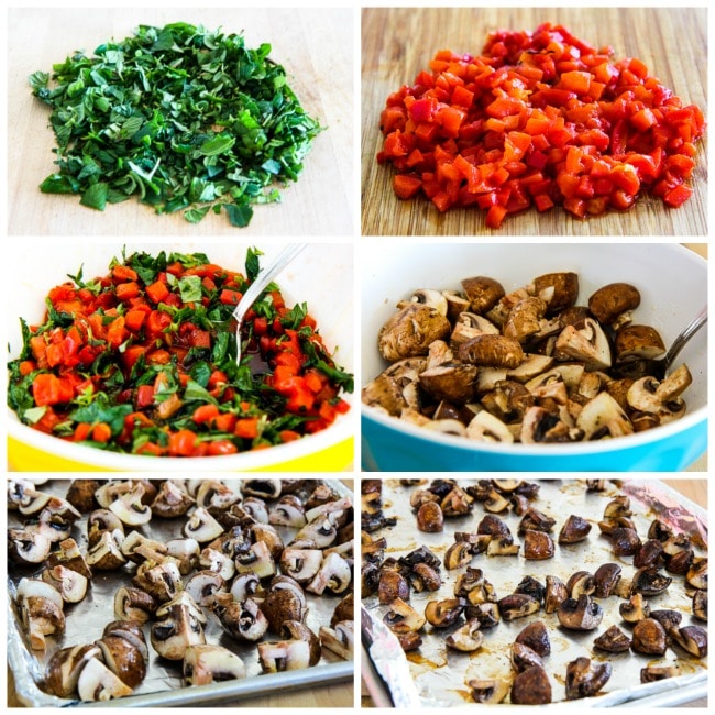 Greek Style Roasted Mushrooms with Red Pepper, Herbs, and Feta process shots collage