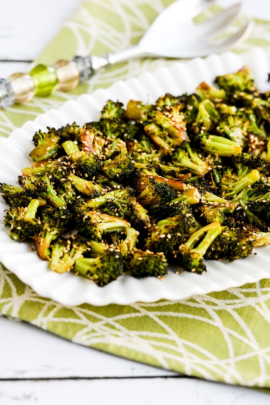 Roasted Broccoli with Soy Sauce and Sesame Seeds finished dish on serving platter