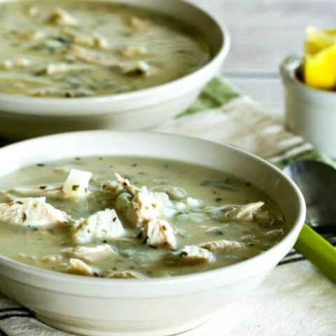 close-up photo of Greek Egg-Lemon Chicken Soup with Rice or Cauliflower Rice