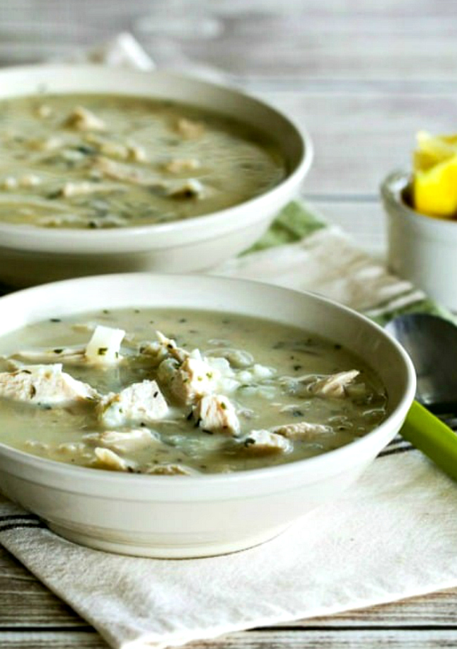 close up photo of greek egg lemon chicken soup with rice or cauliflower rice 