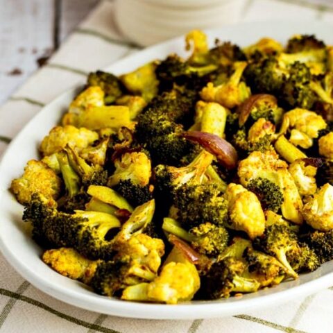 Slow-Roasted Broccoli and Cauliflower with Curry finished dish on serving plate