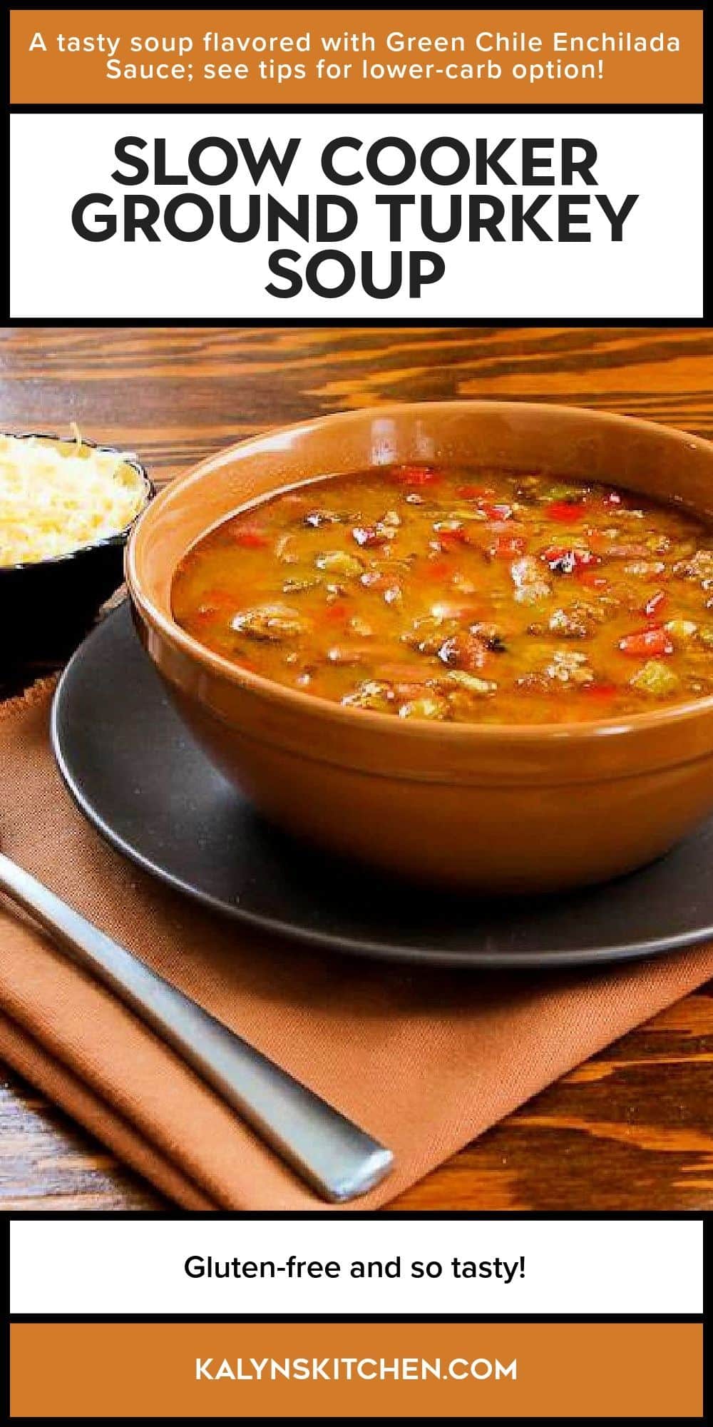 Pinterest image for Slow Cooker Ground Turkey Soup shown in serving bowl.