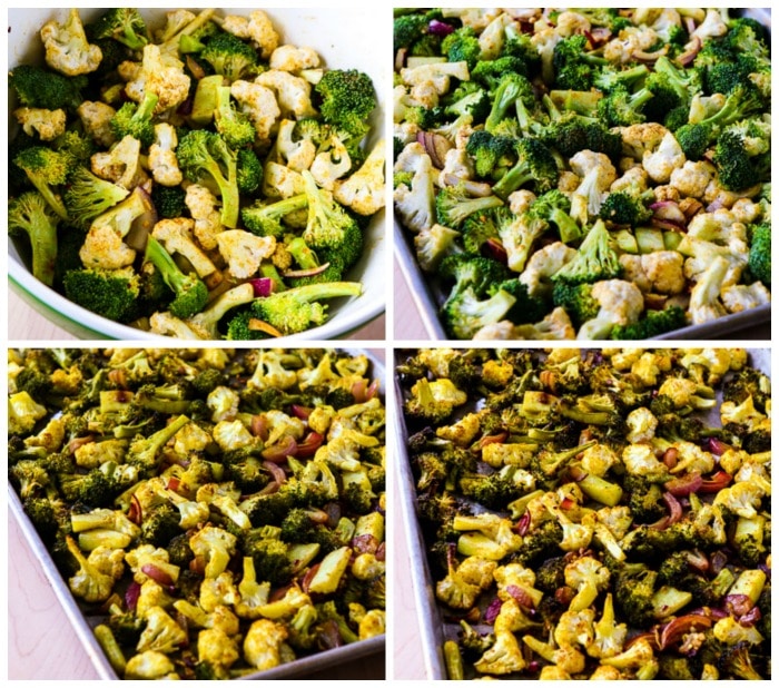 Broccoli arrostiti lentamente e cavolfiore con collage di scatti di processo al curry