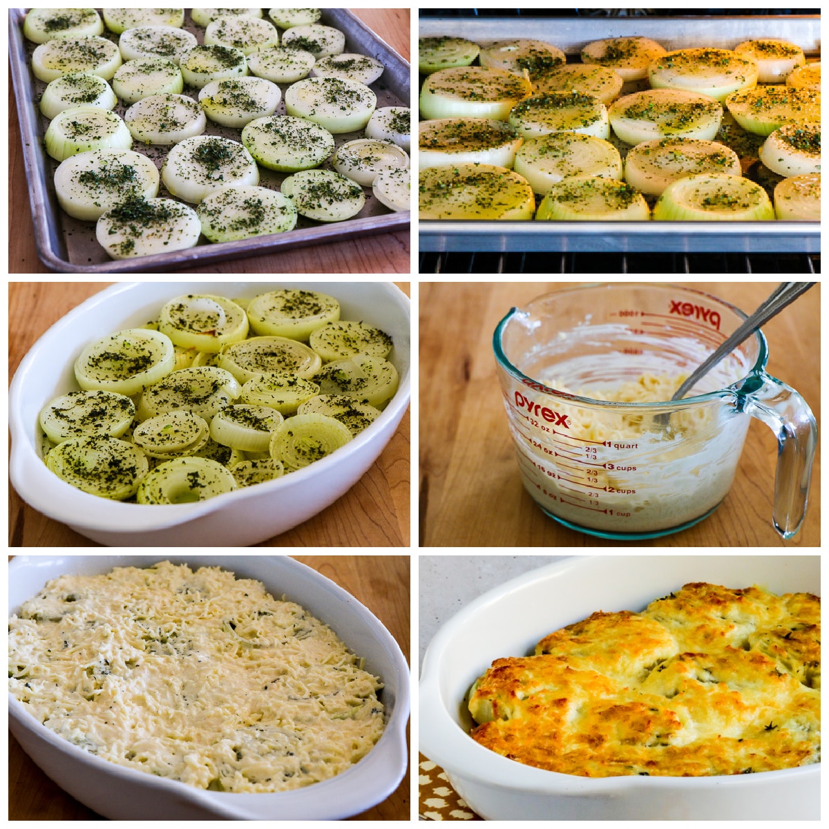 Process shots collage for onion gratin.