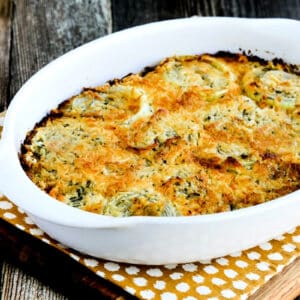 Square image for Onion Gratin shown in baking dish.