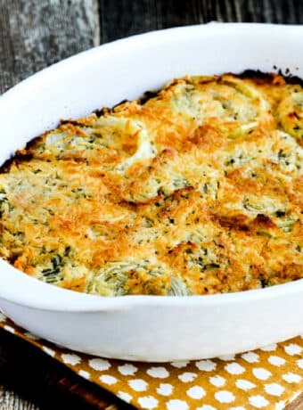 Square image for Onion Gratin shown in baking dish.
