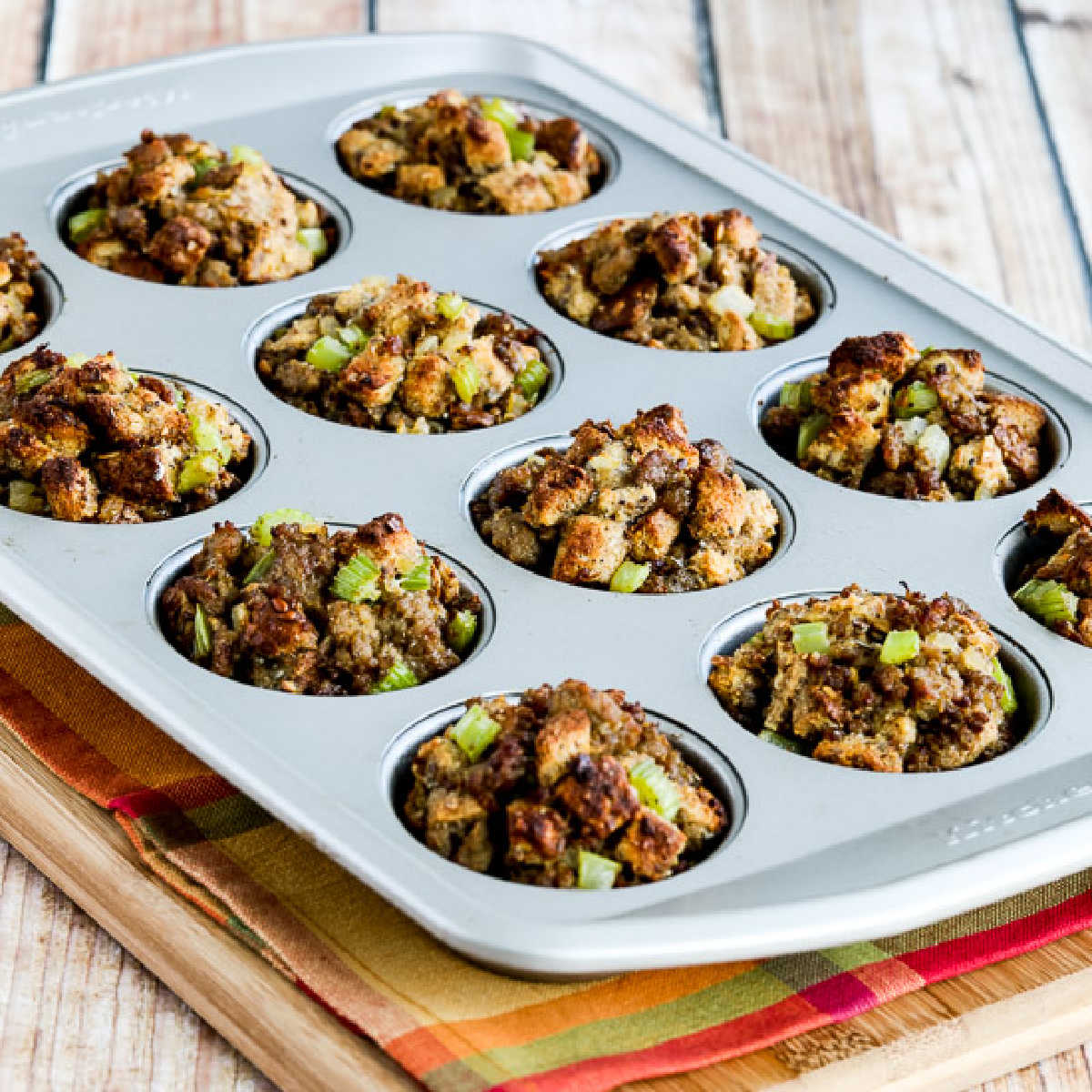 Stuffing for pies displayed in a muffin tin