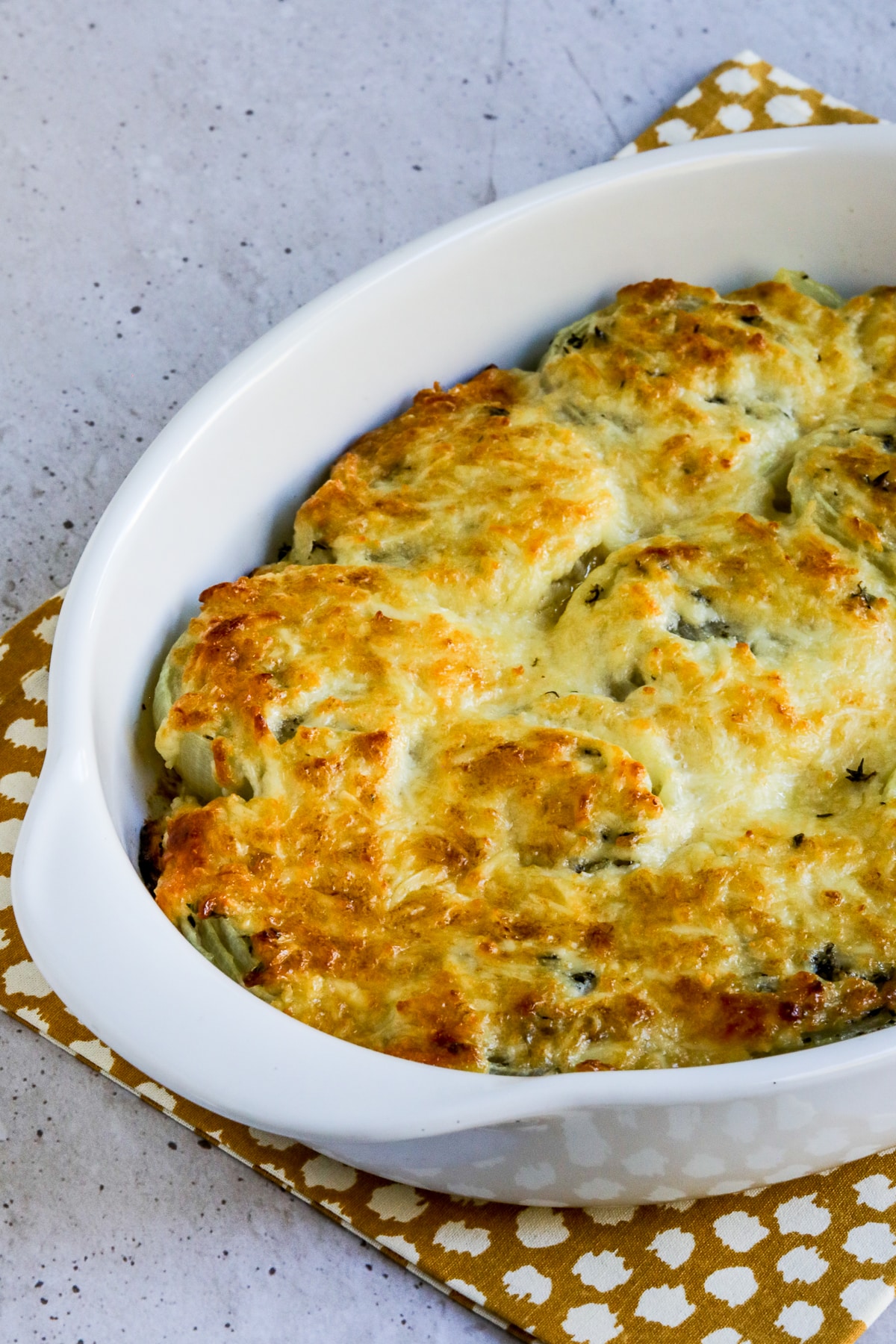 Onion Gratin farther away shown in gratin dish.