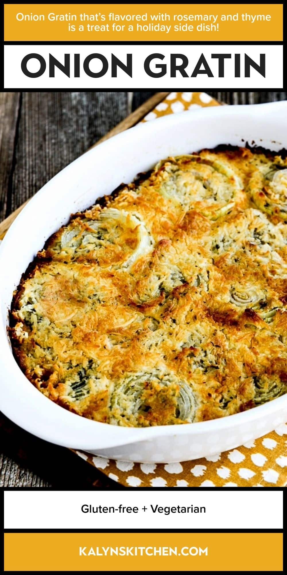 Pinterest image for Onion Gratin shown in baking dish.