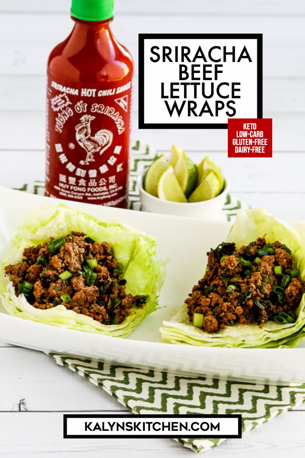 Pinterest image of Sriracha Beef Lettuce Wraps
