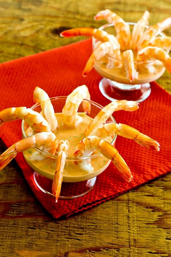 Easy Shrimp Cocktail with Creamy Sriracha Cocktail Sauce found on KalynsKitchen.com