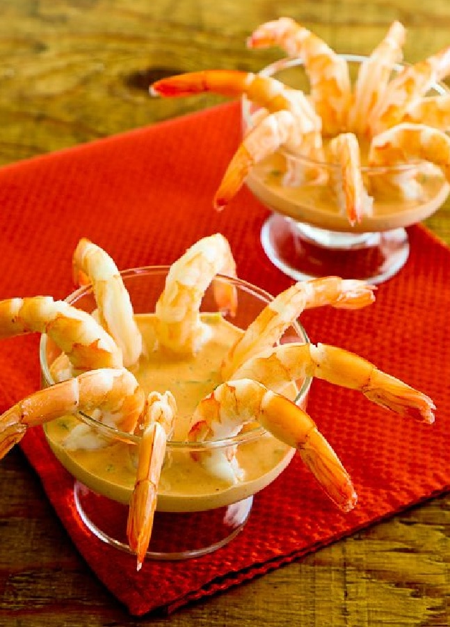 close-up image of Shrimp Cocktail with Sriracha Cocktail Sauce in two cocktail dishes
