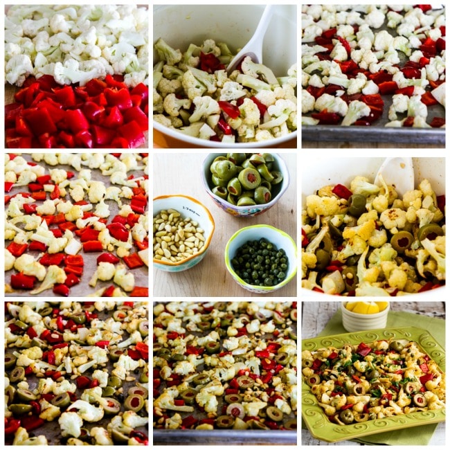 Roasted Christmas Cauliflower with Red Bell Pepper, Green Olives, and Pine Nuts process shots collage