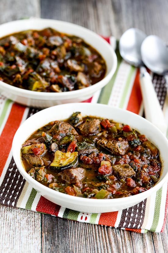 Italian Beef Stew with Zucchini, Mushrooms, and Basil finished stew in serving bowls